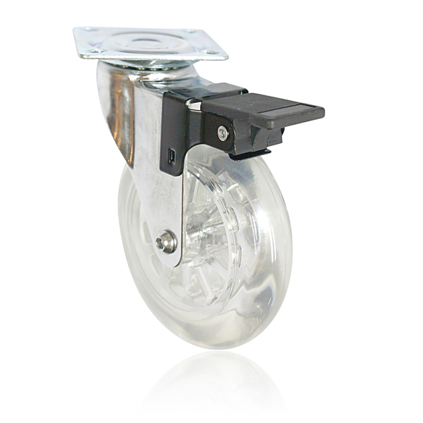 4” transparent caster with plate - brake