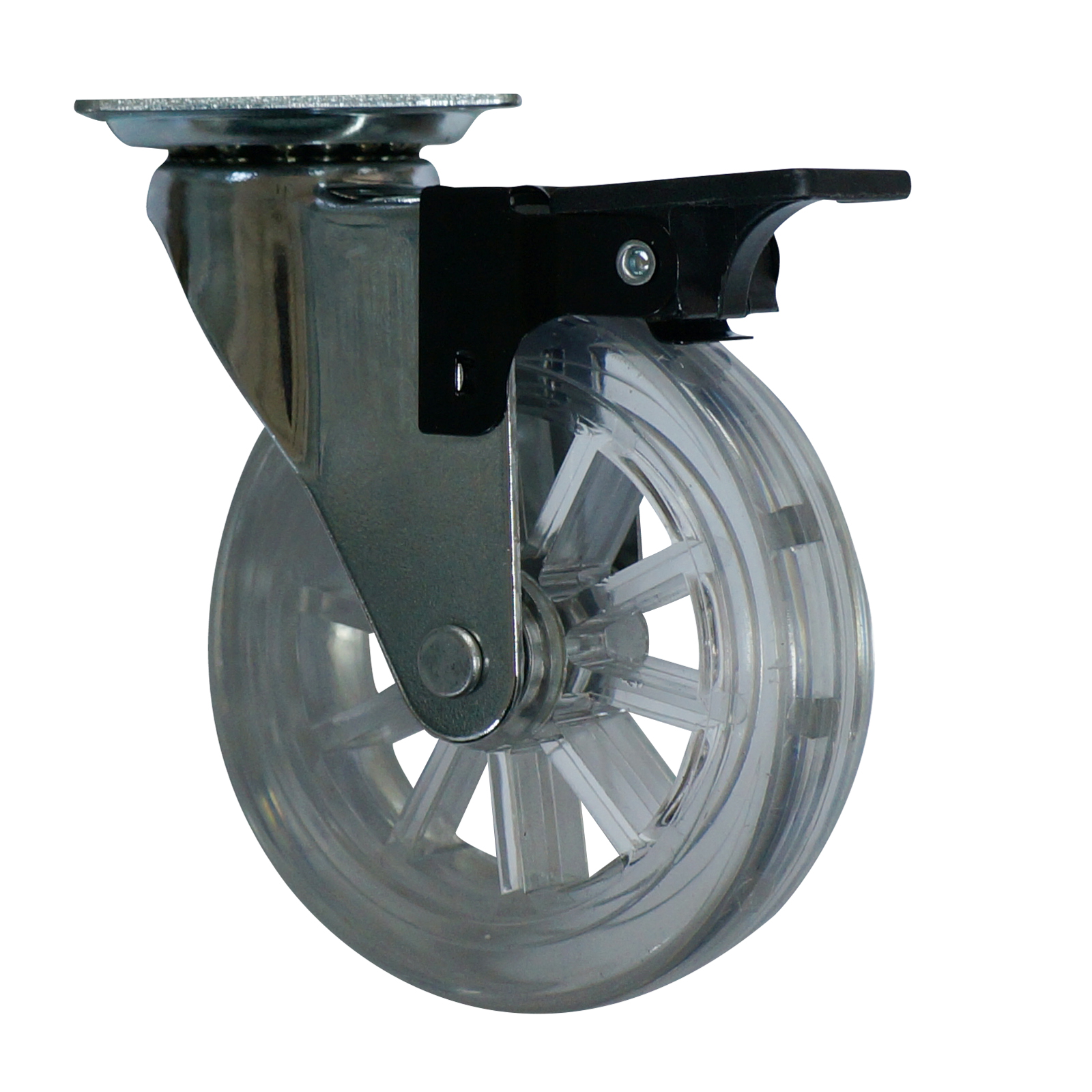 4” transparent caster with plate - brake - flat wheel