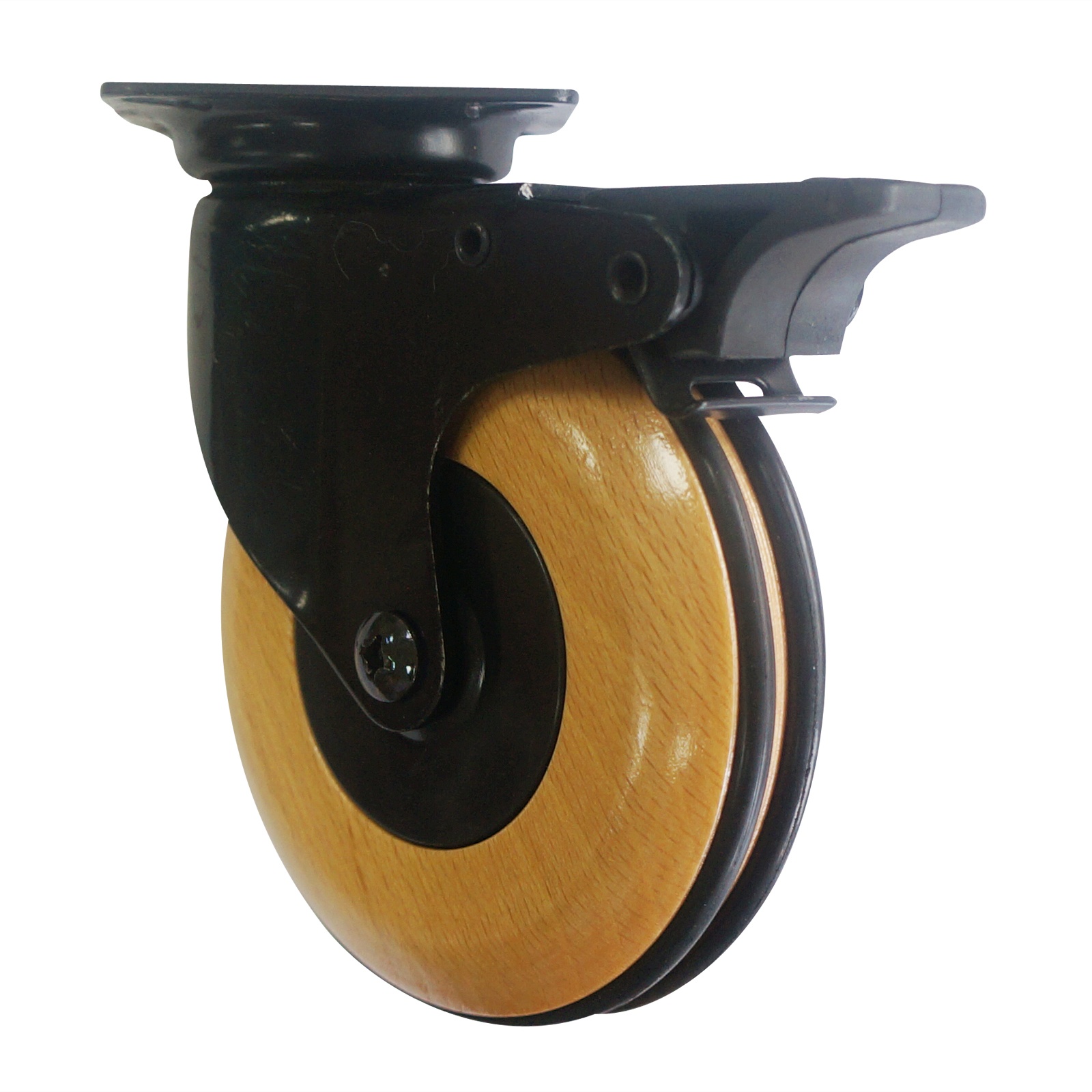 4'' wooden caster with plate - brake