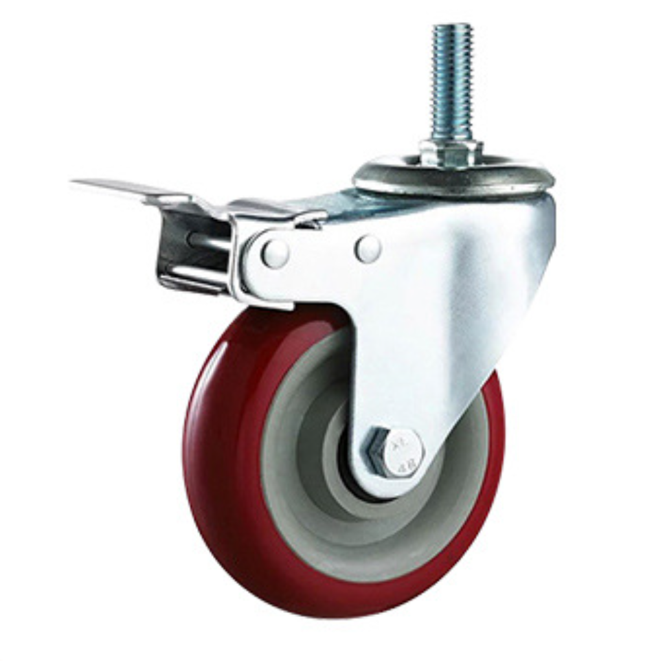100 mm Red PVC Wheel Swivel Caster with stem with brake