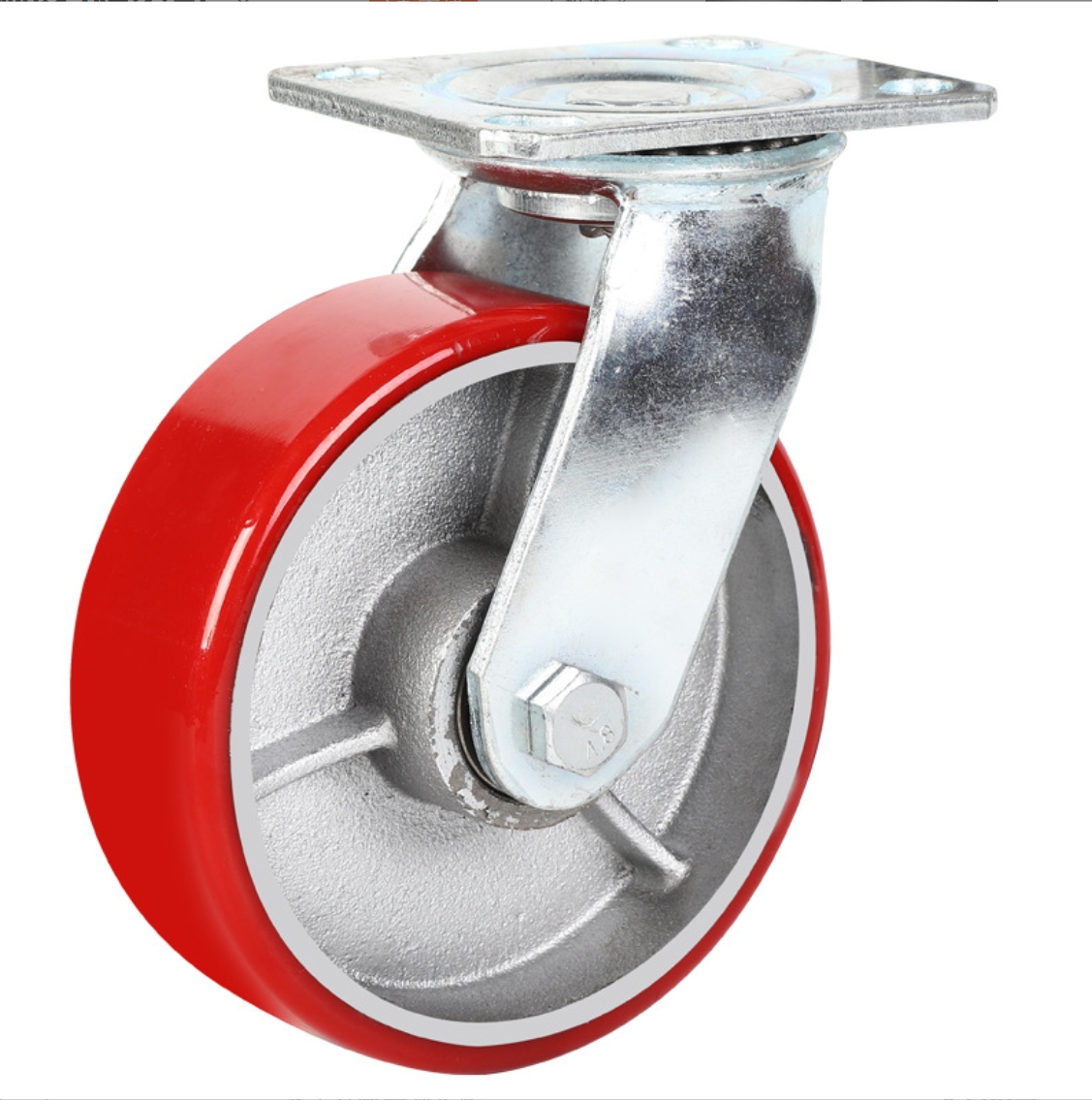 4 Inch Red PU Wheel Iron Core Caster with plate without brake