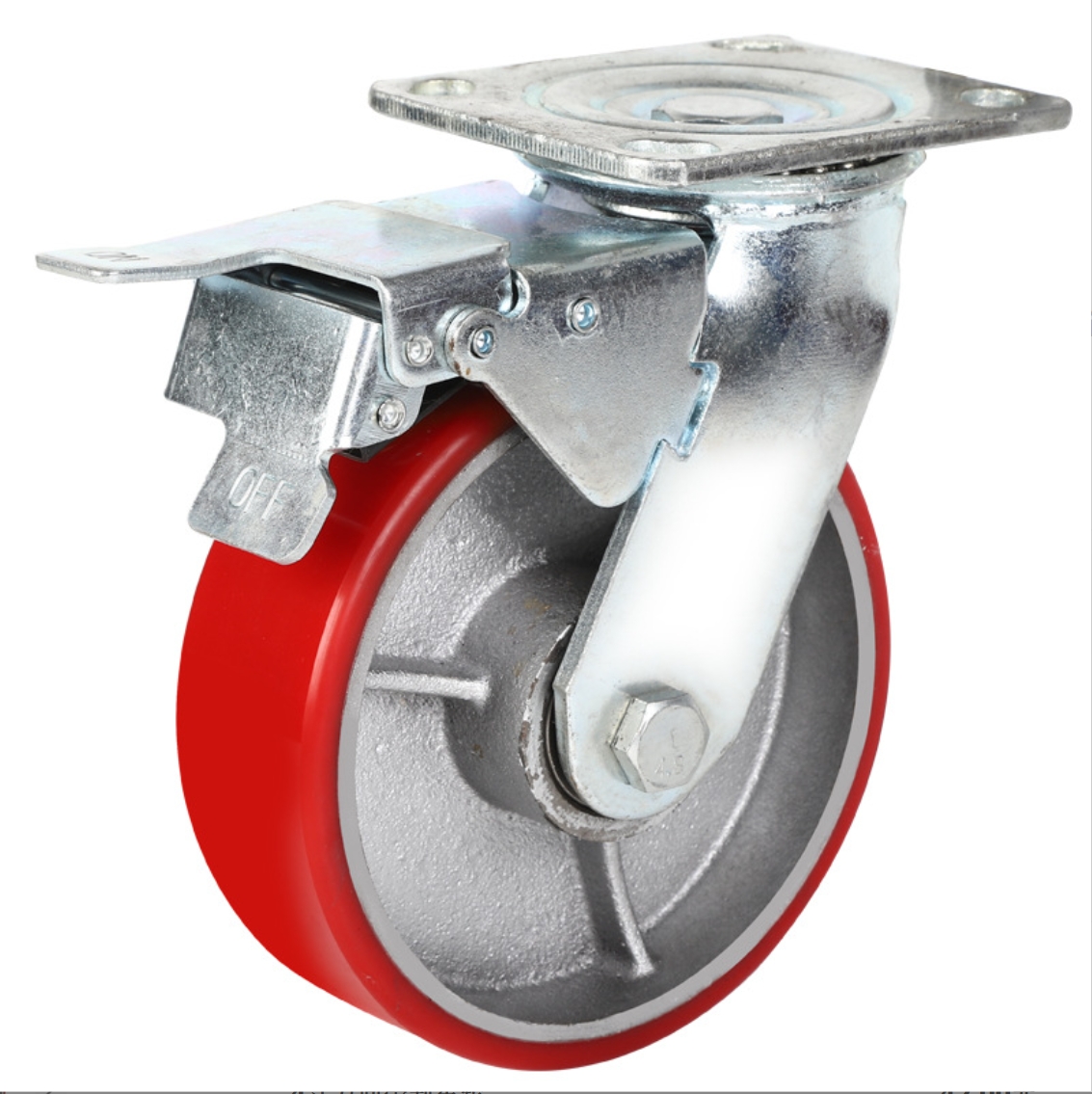6 Inch Red PU Wheel Iron Core Caster with plate with brake