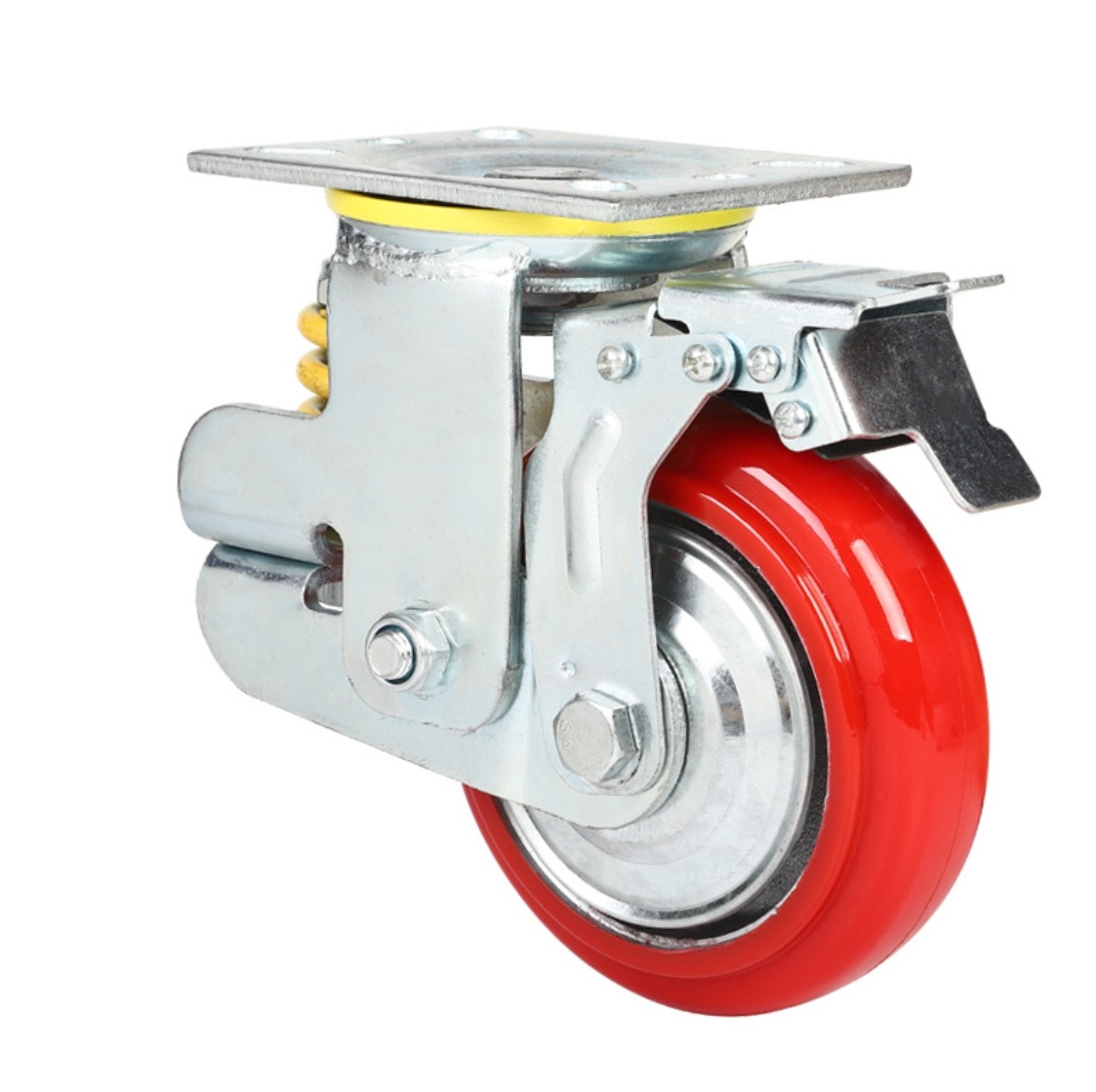 125 mm PU Wheel Spring Caster with plate with brake